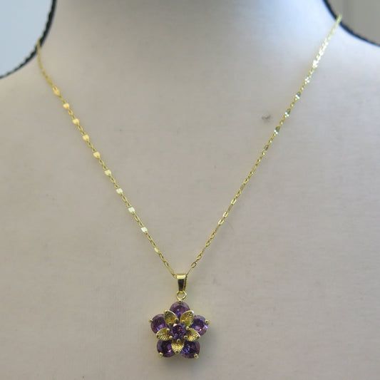 Gold necklace with purple flower pendant necklace