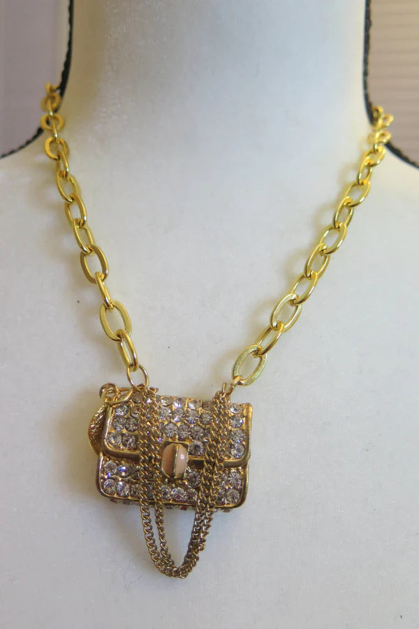 Gold Necklace with Sparkling Purse Pendant for Women