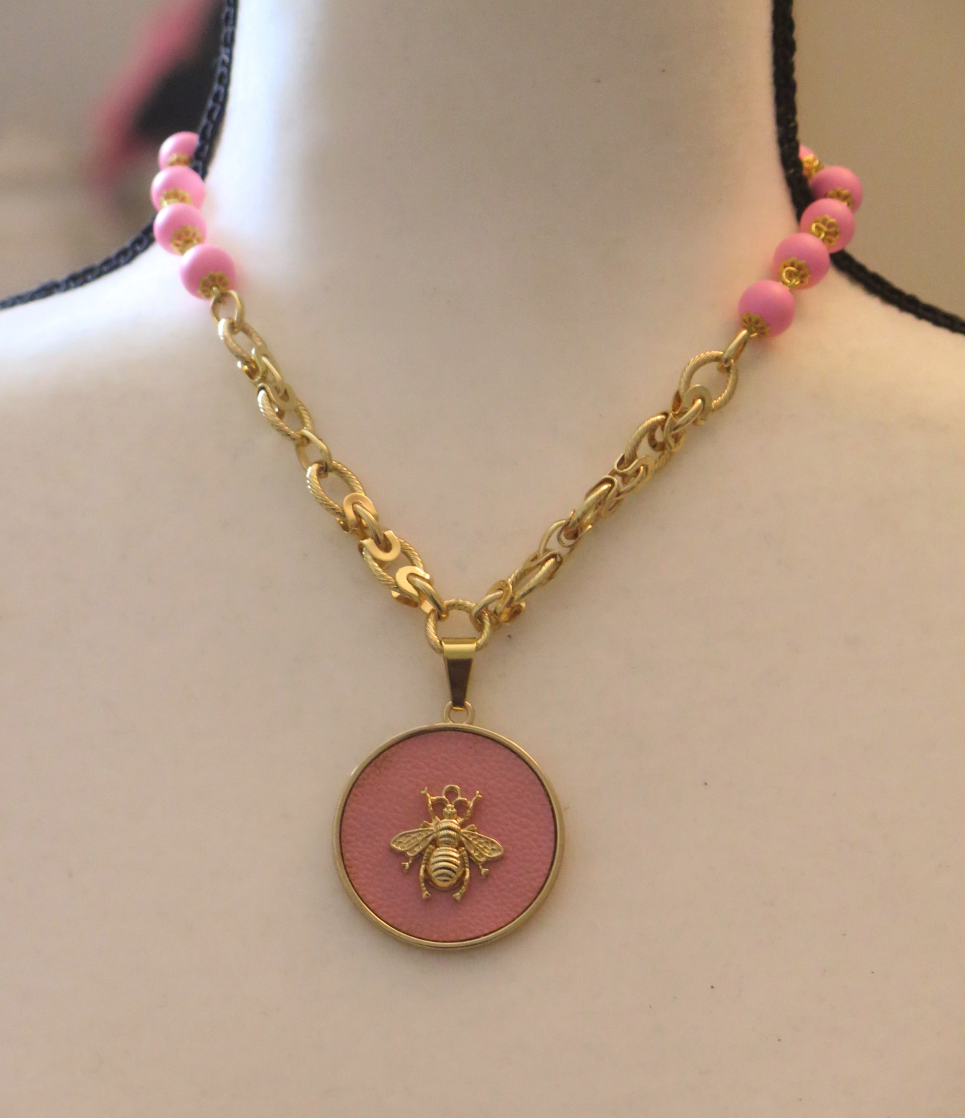 Gold and pink statement pendant necklace for women