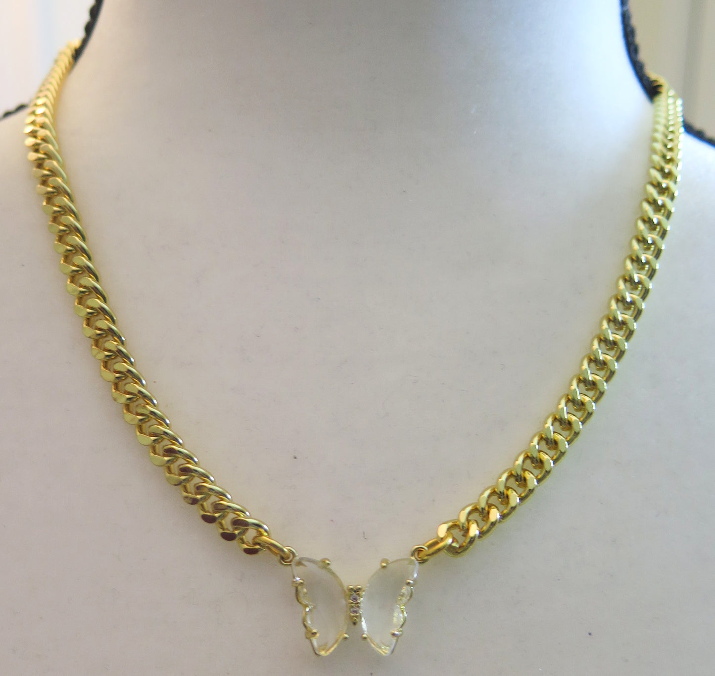 Gold Cuban chain necklace with clear butterfly pendant for women