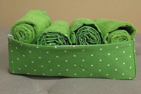 Green polka dot storage kitchen basket and matching towel set