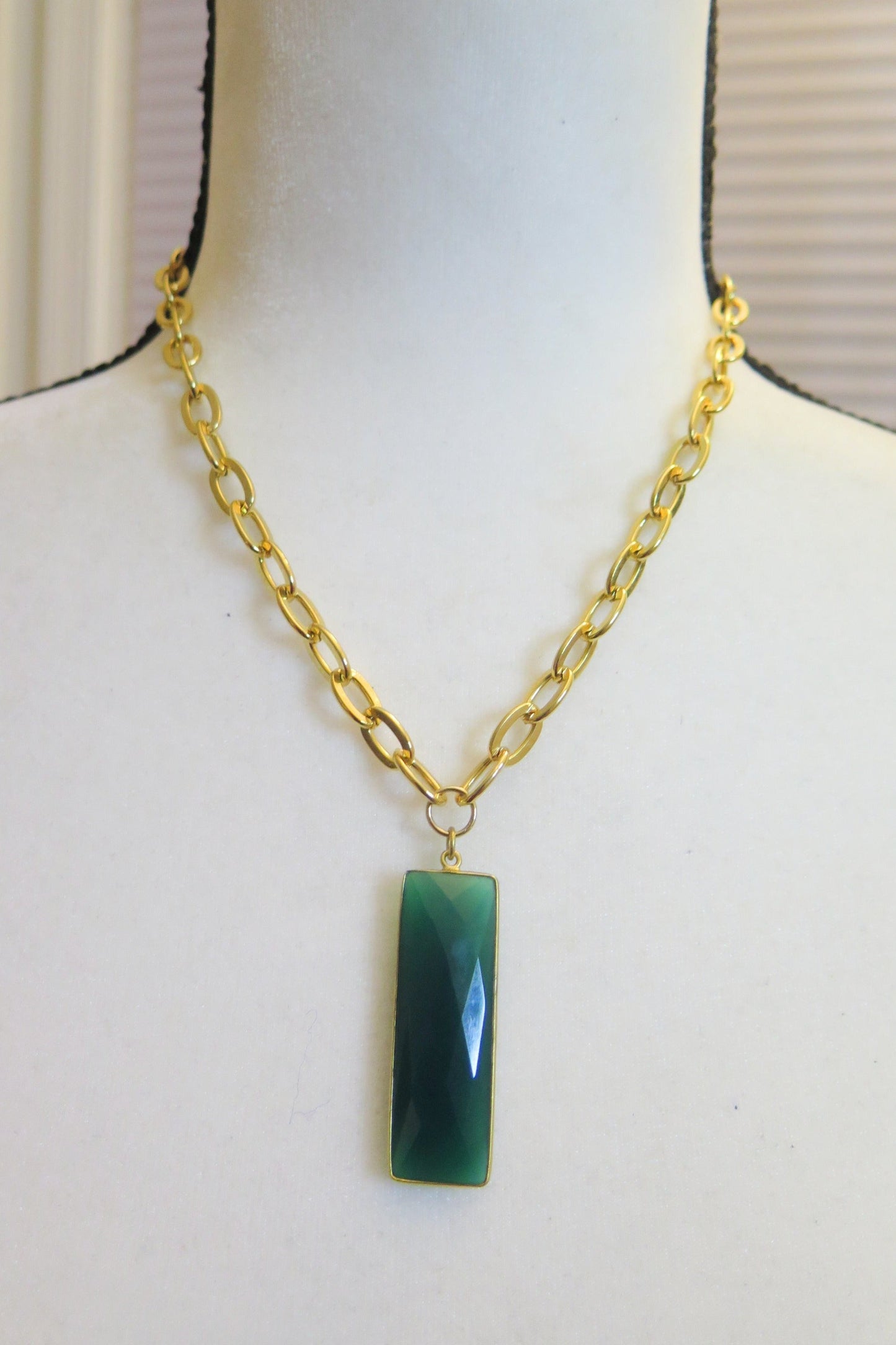 Green rectangle pendant Gold ncklace