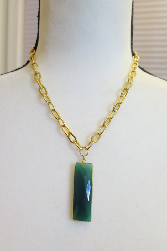 Green rectangle pendant Gold ncklace