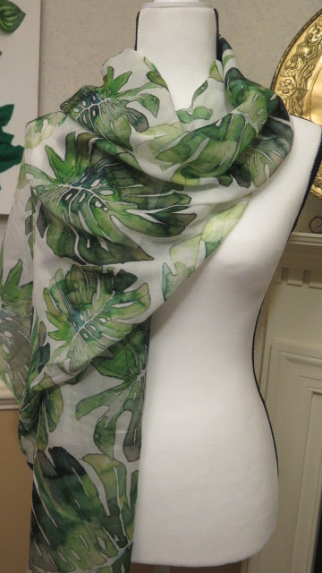 Handmade green leaf print scarf for women