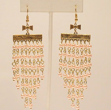 Handmade pink bead vintage inspired gold chandelier bow earrings