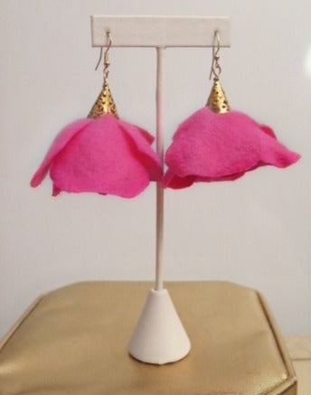 Handmade pink felt fabric flower earrings for women