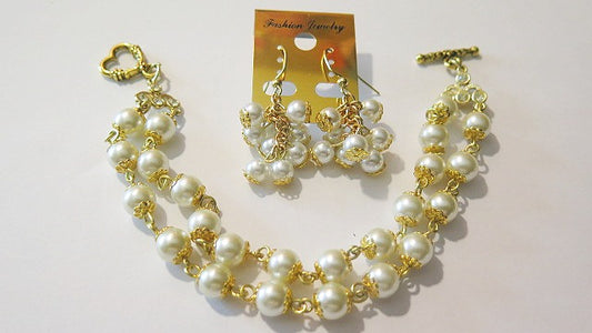Double Bracelet & Earring Set/ Double Pearl Bracelet/ Cluster Earring/ Handmade Jewelry Set