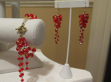 Handmade Red Jewelry Set/ Red Bracelet/ Red Cluster Earring/ Red Bracelet Earring Set For Women
