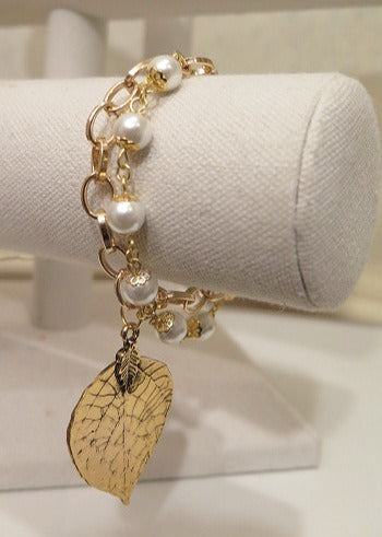 Gold Pearl Double Bracelet With Leaf Charm