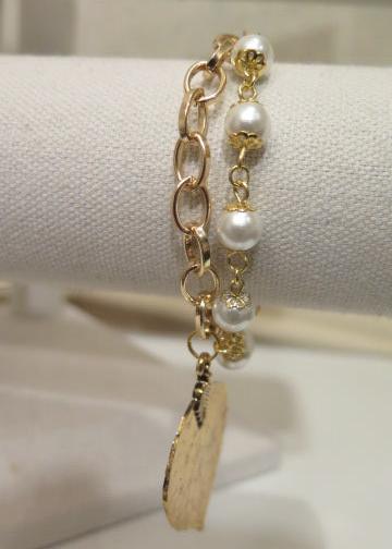 Gold Pearl Double Bracelet With Leaf Charm/Gold Chain Pearl Bracelet/ Pearl Bracelet with Leaf charm