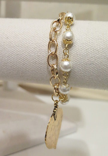 Gold Pearl Double Bracelet With Leaf Charm/Gold Chain Pearl Bracelet/ Pearl Bracelet with Leaf charm