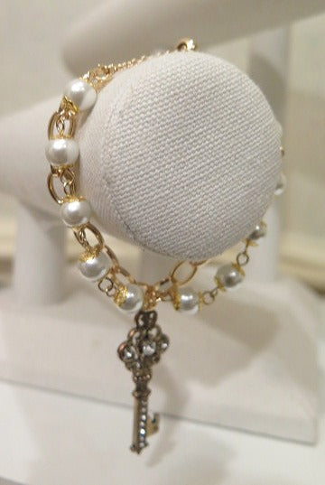 Double Pearl Gold Bracelet  With Key Charm/ Pearl Gold Double Wired Chain Bracelet