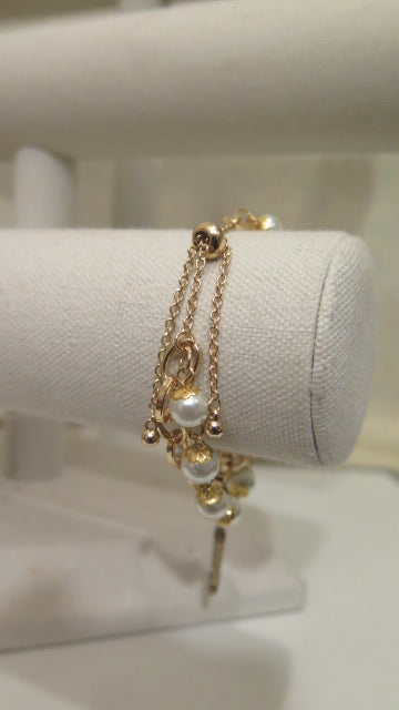 Double Pearl Gold Bracelet  With Key Charm/ Pearl Gold Double Wired Chain Bracelet