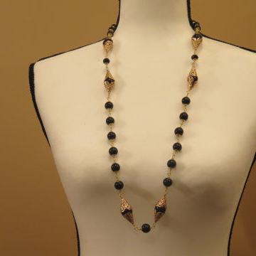 Long Black Summer Necklace/ Long Black Gold Necklace/ Gold Black Beads Necklace/ Summer Necklace