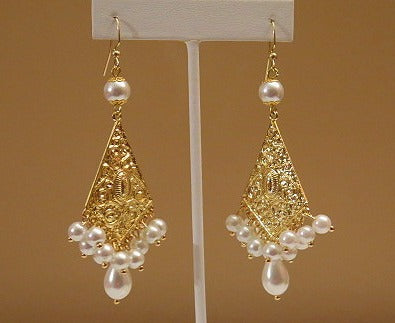 Pearl Triangle  Chandeliere Gold Earring