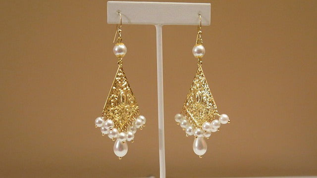 Pearl Triangle  Chandeliere Gold Earring