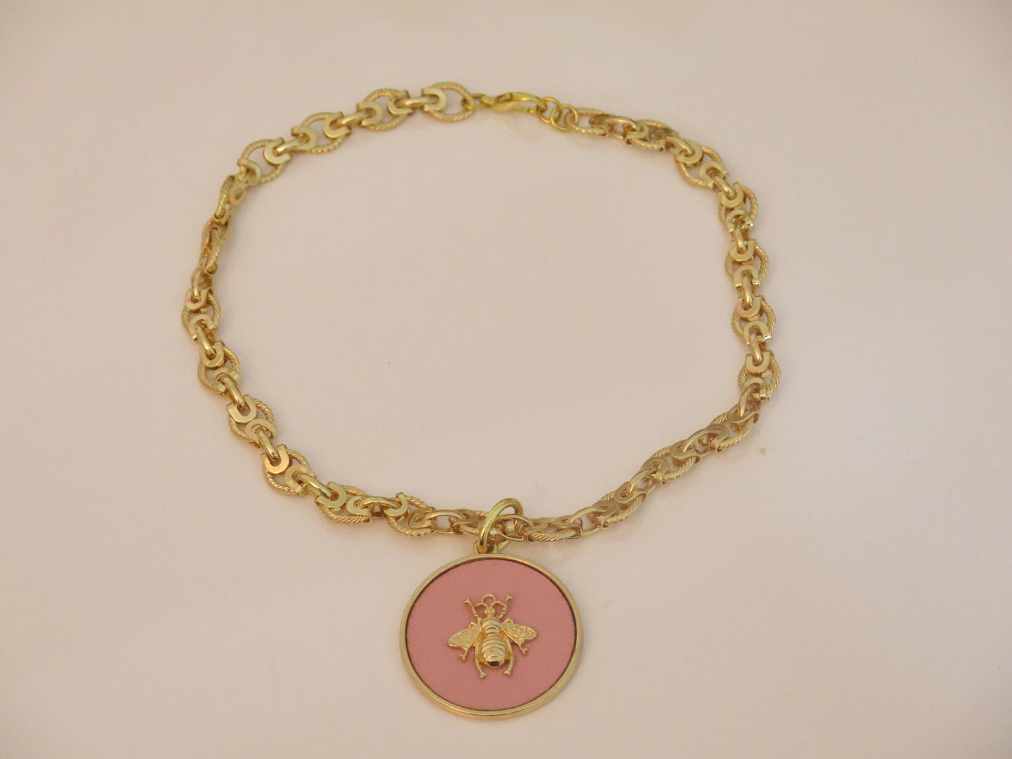 Gold Necklace With Pink Bee Pendant/Pink Necklace/ Gold Pink Pendant Necklace/Pink Necklace