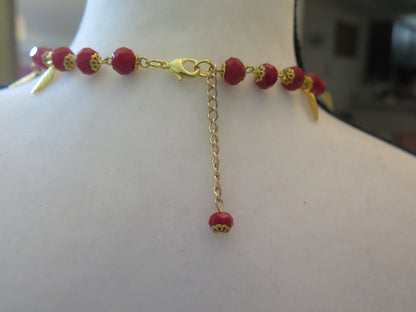 Red Leaf Necklace/ Red Beads Necklace  With Leaf Charms/Red Necklace