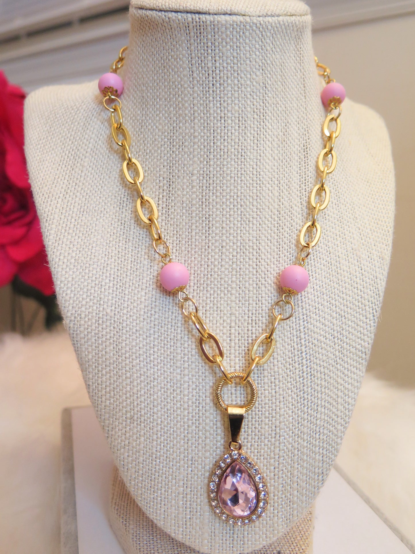 Pink Jewelry Set For Women/ Pink Necklace Earring Set/ Gold Pink Jewelry Set