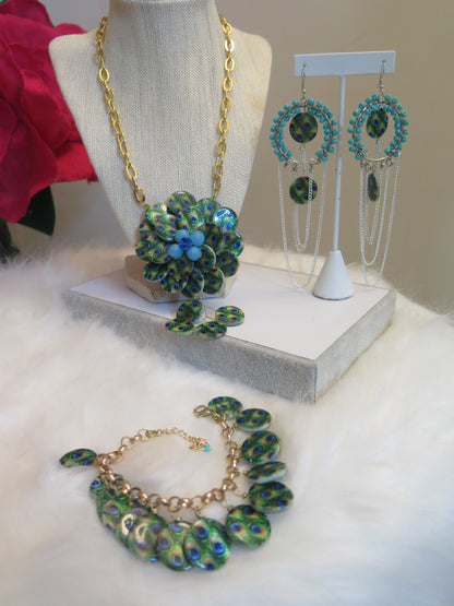 Green Peacock Jewelry Set/ Green Blue Peacock Beads Set/ Peacock Bead Jewelry set