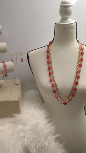 Gold and pink double long necklace bracelet and earring jewelry set for women