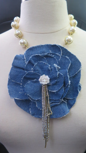 Denim Flower Pearl Necklace/ Pearl Denim Necklace/ Pearl Necklace Centered with Denim