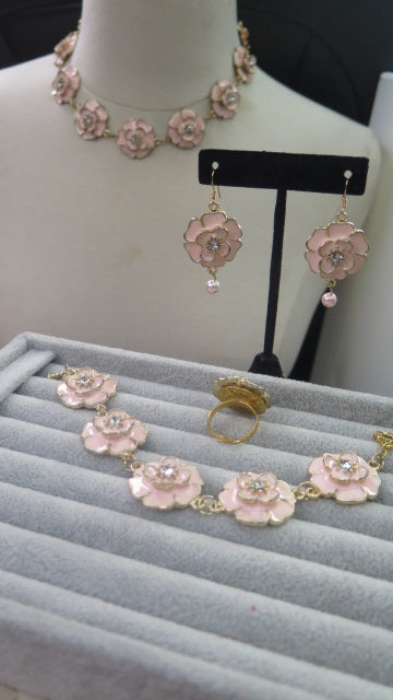 Pink Flower Jewelry Set: Necklace Earring Bracelet and Ring/ Pink Jewelry Set/ Pink Jewelry