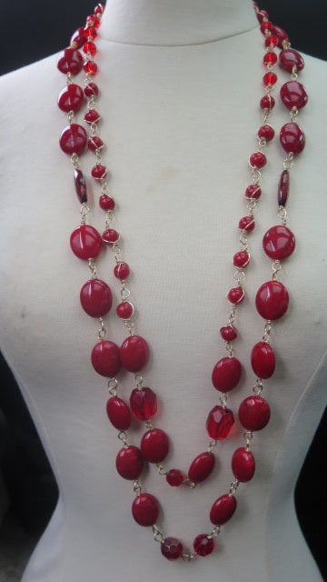 Red Bilayer Necklace/ Red Double Layer Necklace/ Red Necklace/ Red Summer Necklace/ Long Red Necklace