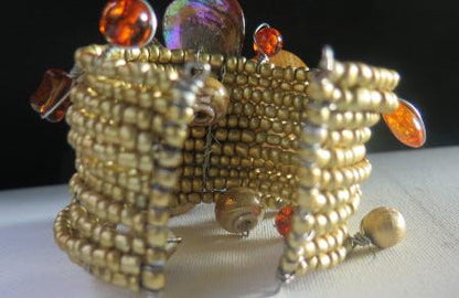 Gold Brown Flower Seed Beads Cuff Bracelet/ Gold Seed Beads Cuff Bracelet/ Ciff Bracelet