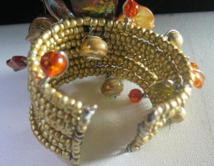 Gold Brown Flower Seed Beads Cuff Bracelet/ Gold Seed Beads Cuff Bracelet/ Ciff Bracelet