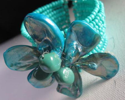 Bluish Flower Cuff Bracelet/ Blue Flower Cuff Bracelet/ Blue Cuff Bracelet/ Flower Bracelet