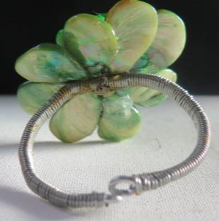 Green Flower Cuff Bracelet/ Siver Cuff Bracelet Centered with Green Flower/ Cuff Bracelet