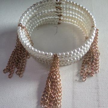 Pearl Cuff Bracelet/ White Cuff Barcelet/ Eight Layer Pearl Fringes Cuff Bracelet