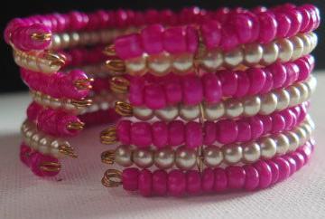 Fuchsia White Cuff Bracelet/ Fuchsia  Pearl Bracelet/ Fuchsia Pearl Seadbeads Cuff Bracelet