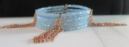 Gold Chain Fringes Blue Seed Beads Cuff Bracelet/ Blue Cuff Bracelet