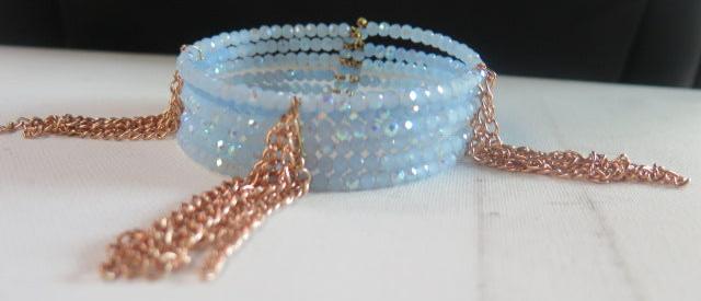 Gold Chain Fringes Blue Seed Beads Cuff Bracelet/ Blue Cuff Bracelet