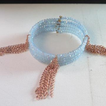 Gold Chain Fringes Blue Seed Beads Cuff Bracelet/ Blue Cuff Bracelet