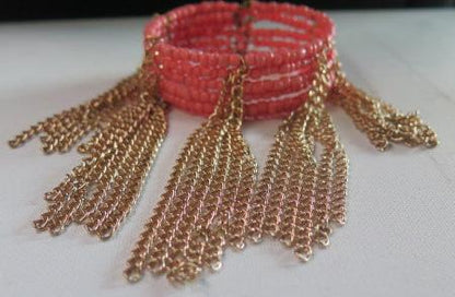 Peach Pink Fringes Cuff Bracelet/ Peach Color Seedbeads Cuff Bracelet