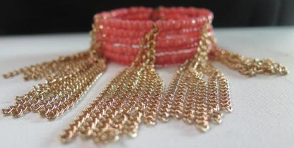 Peach Pink Fringes Cuff Bracelet/ Peach Color Seedbeads Cuff Bracelet