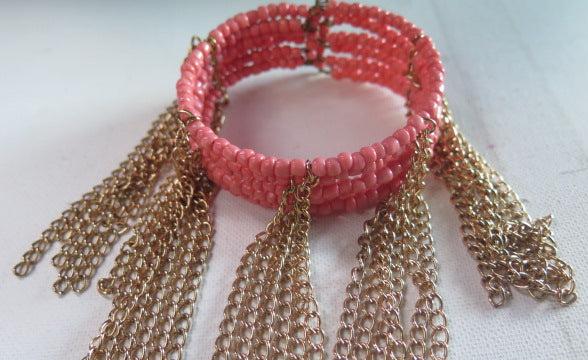 Peach Pink Fringes Cuff Bracelet/ Peach Color Seedbeads Cuff Bracelet