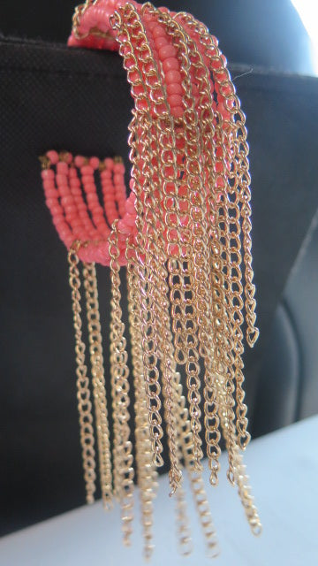 Peach Pink Fringes Cuff Bracelet/ Peach Color Seedbeads Cuff Bracelet