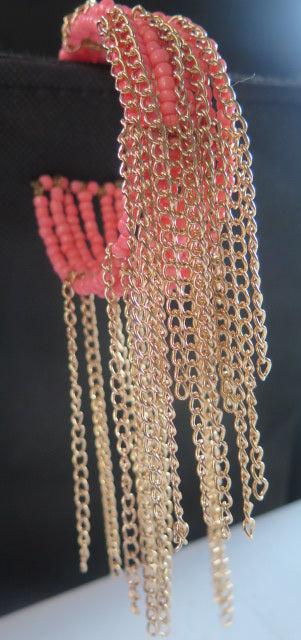 Peach Pink Fringes Cuff Bracelet/ Peach Color Seedbeads Cuff Bracelet