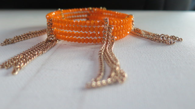 Orange Seed Beads Cuff Bracelet/ Orange Fringes Cuff Bracelet/ Four Layer Oragnge Fringes Bracelet