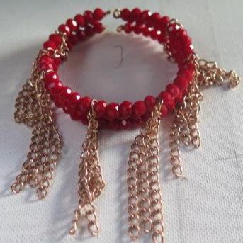 Red Sparkling Bicone Bead Fringes Cuff Bracelet/ Trilayer Cuff Bracelet/ Sparkling Ciff Bracelet