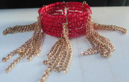 Red Seed Beads Gold Chain Fringes Bracelet/ Red Bracelet/ Red Seed Beads Cuff Bracelet