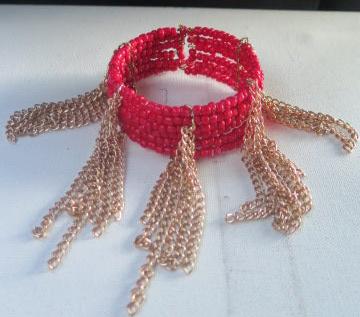 Red Seed Beads Gold Chain Fringes Bracelet/ Red Bracelet/ Red Seed Beads Cuff Bracelet