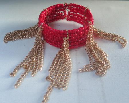 Red Seed Beads Gold Chain Fringes Bracelet/ Red Bracelet/ Red Seed Beads Cuff Bracelet