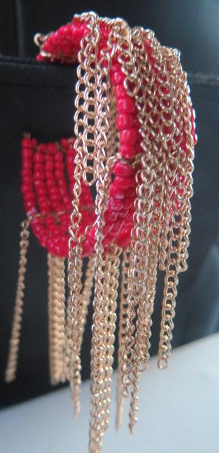 Red Seed Beads Gold Chain Fringes Bracelet/ Red Bracelet/ Red Seed Beads Cuff Bracelet