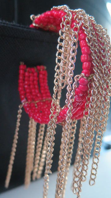 Red Seed Beads Gold Chain Fringes Bracelet/ Red Bracelet/ Red Seed Beads Cuff Bracelet