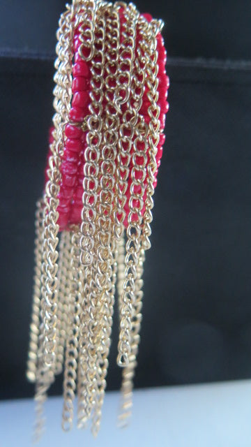 Red Seed Beads Gold Chain Fringes Bracelet/ Red Bracelet/ Red Seed Beads Cuff Bracelet